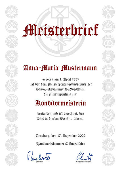 Ein Beispiel für den Schmuckmeisterbrief der Handwerkskammer Südwestfalen.