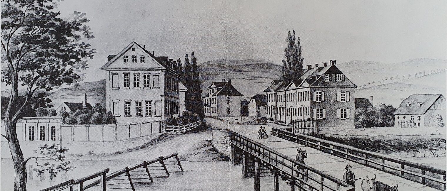 Eine alte schwarz-weiße Aufnahme des Arnsberger Brückenplatzes im 19. Jahrhundert.