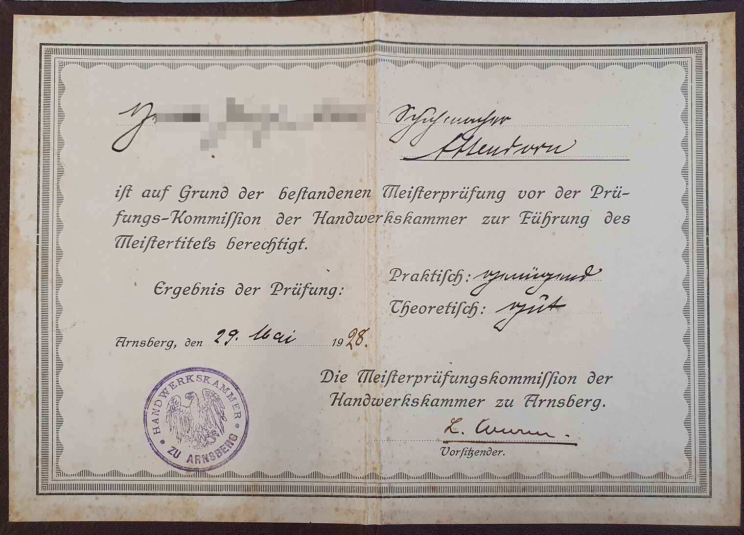 Ein Meisterbrief der Handwerkskammer zu Arnsberg aus dem Jahr 1928.