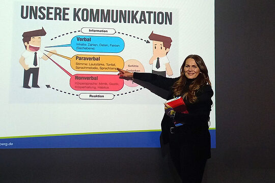 Angelika Schittko, Dozentin am bbz Arnsberg, steht vor einer Projektion zum Thema Kommunikation.