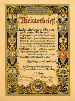 Ein kunstvoll bunt verzierter Meisterbrief der Handwerkskammer zu Arnsberg aus dem Jahr 1926.
