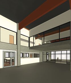 3D-Modell der Innenansicht einer Halle. Es sind größere Fenster und Nebenräume zu sehen.