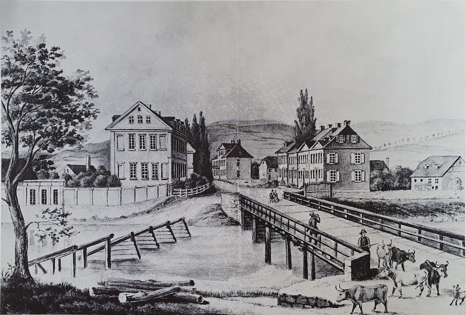 Schwarz-Weiße Zeichnung des Arnsberger Brückenplatzes um 1869. Man sieht eine Brücke über die Ruhr und alte Häuser.