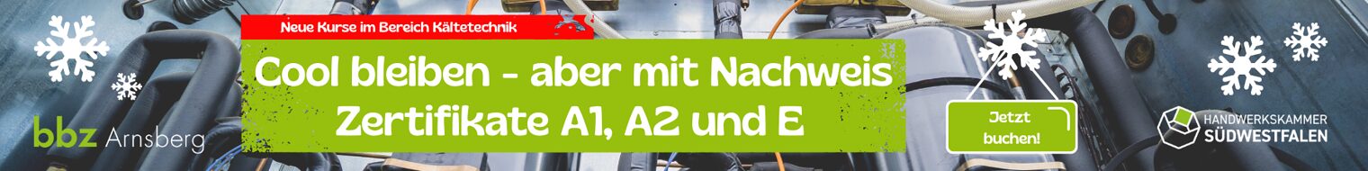 Hinweis auf die Buchungsmöglichkeit von Kältetechnik-Kursen im bbz Arnsberg.