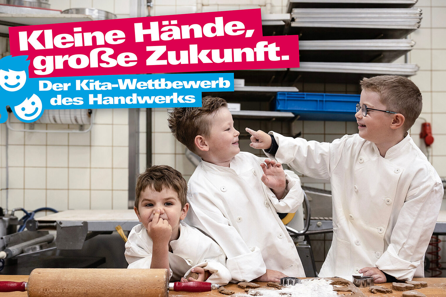 Kleine Hände, große Zukunft Plakat des Kita-Wettbewerbs des Handwerks: Drei Kinder in einer Backstube.