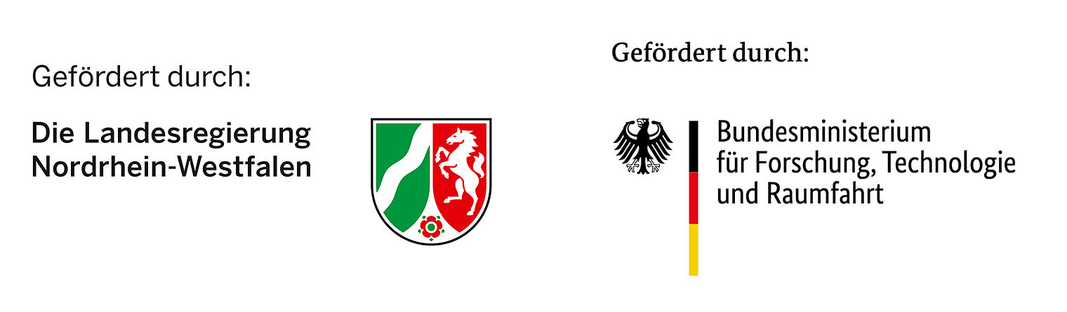 Logos der Fördergeber "Landesregierung Nordrhein-Westfalen" und "Bundesministerium für Forschung, Technologie und Raumfahrt"