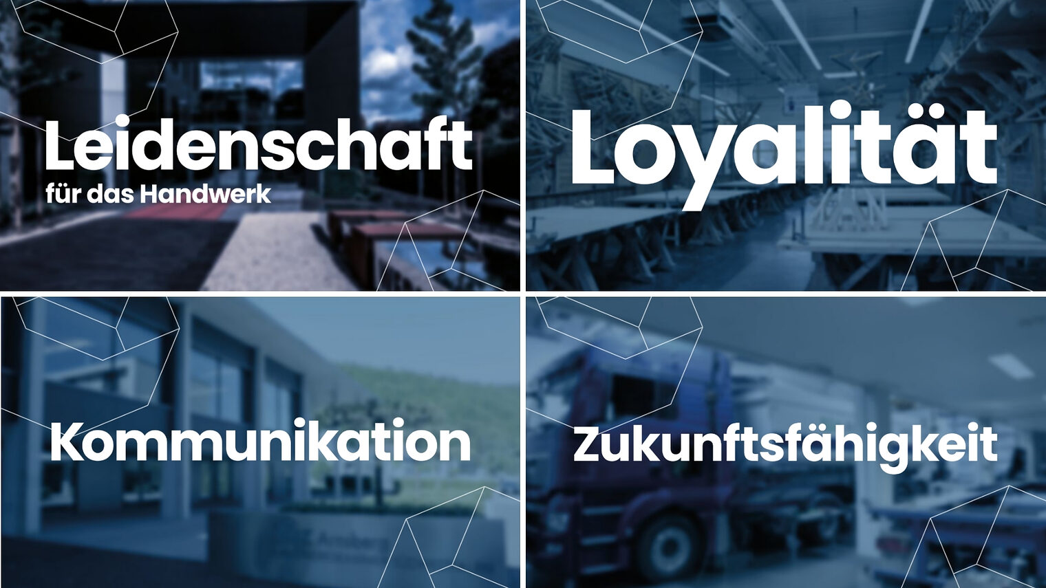 Die Begriffe "Leidenschaft für das Handwerk", "Loyalität", "Kommunikation" und "Zukunftsfähigkeit" auf dunklem Hintergrund