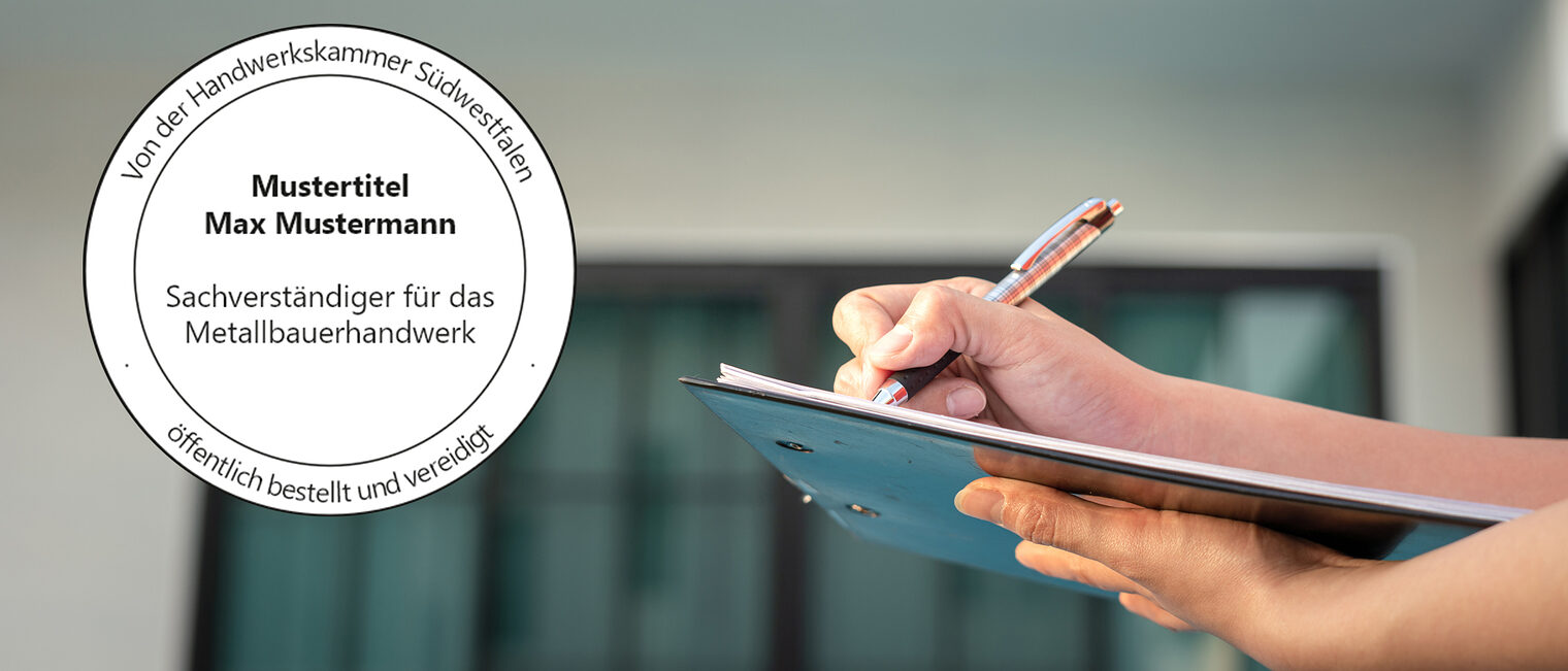 Collage aus dem Muster des neuen Rundstempels für Sachverständige und einem Gutachter, der sich Notizen macht.