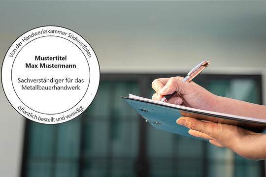 Collage aus dem Muster des neuen Rundstempels für Sachverständige und einem Gutachter, der sich Notizen macht.