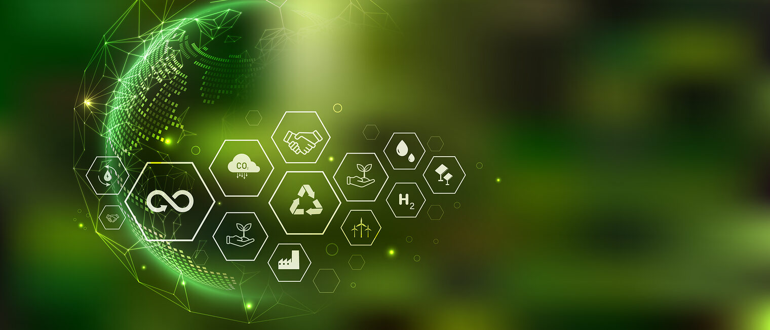 Verschiedene Symbole, die Elemente der Zirkulären Wertschöpfung symbolisieren, auf einem grünen Hintergrund.