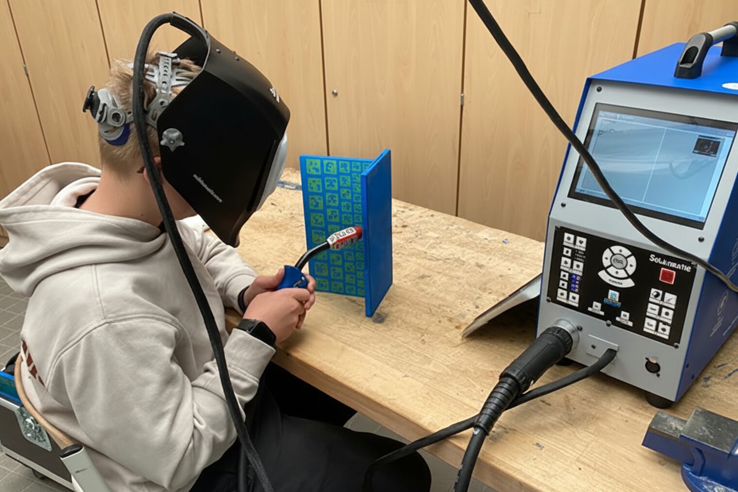 Ein Schüler arbeitet mit einer Virtual-Reality-Brille an einem Schweißsimulator.