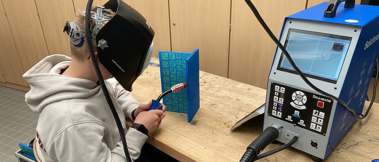 Ein Schüler arbeitet mit einer Virtual-Reality-Brille an einem Schweißsimulator.
