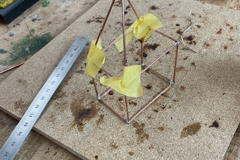 Nahaufnahme von kleinen, zusammengelöteten Metalldrähten