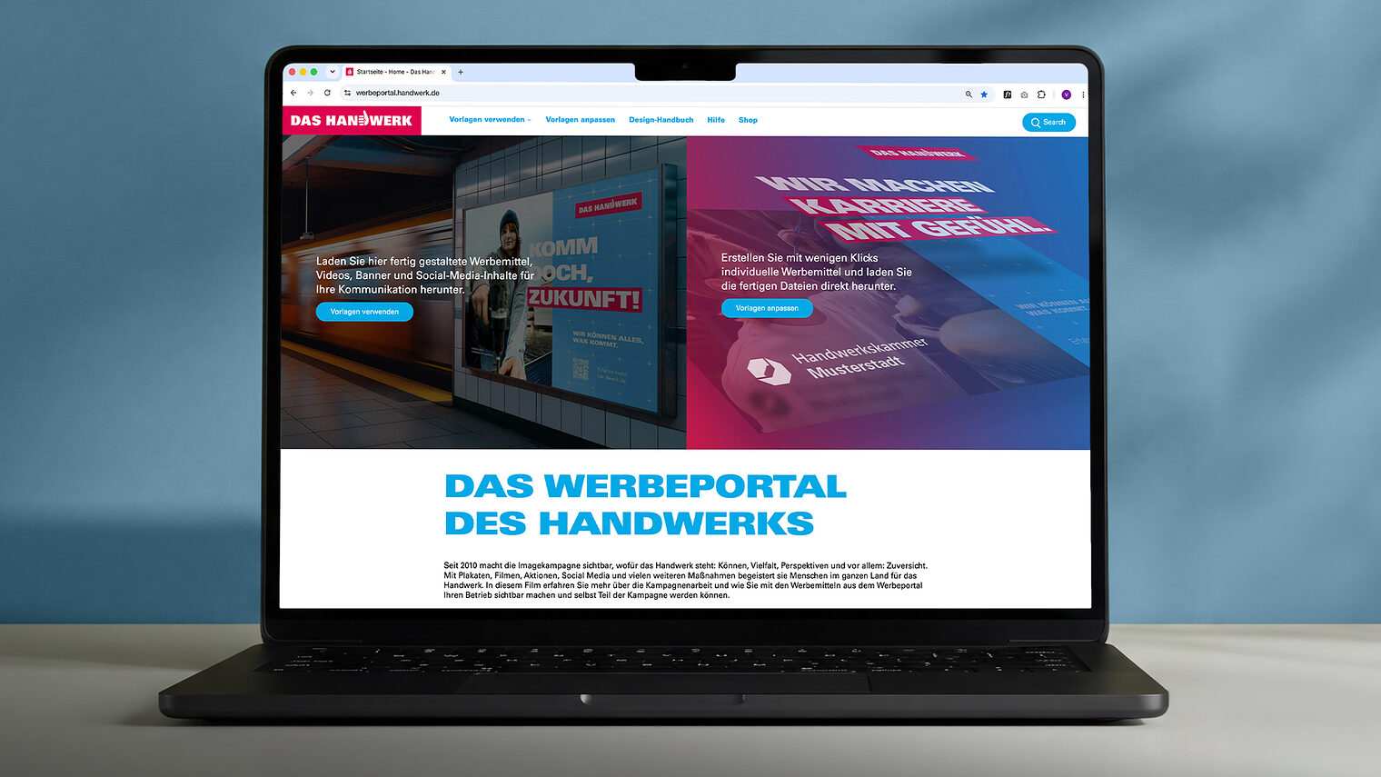 Nahaufnahme eines Laptops, auf dem die Website des Werbeportals der Kampagne "Das Handwerk"