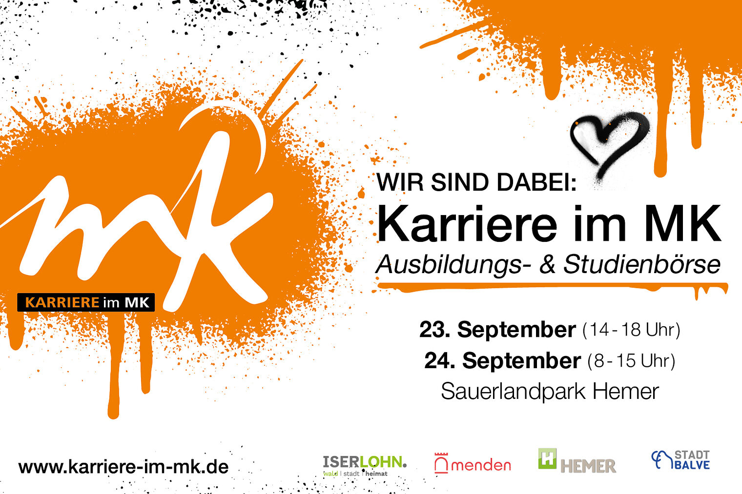 Logo der Ausbildungsmesse Karriere im MK in den Farben orange, weiß und schwarz. Daneben sind die Daten der Messe zu sehen.