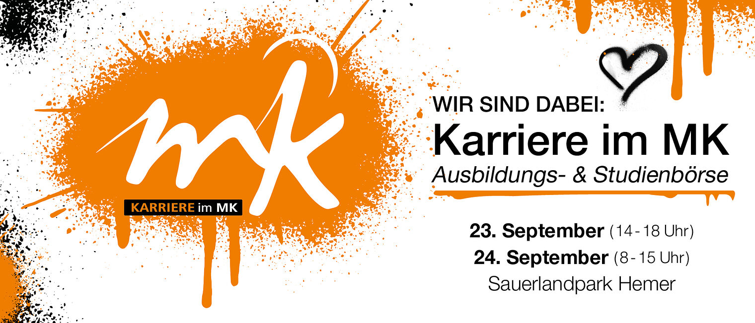Logo der Ausbildungsmesse Karriere im MK in den Farben orange, weiß und schwarz. Daneben sind die Daten der Messe zu sehen.