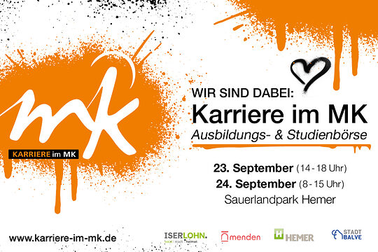 Logo der Ausbildungsmesse Karriere im MK in den Farben orange, weiß und schwarz. Daneben sind die Daten der Messe zu sehen.