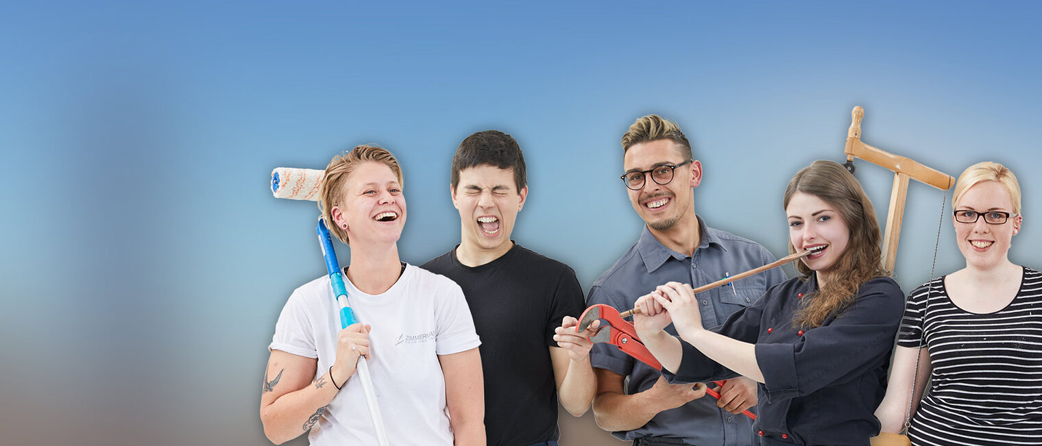 Ausbildungsbotschafter Symbolbild mit jungen Handwerkerinnen und Handwerkern aus unterschiedlichen Gewerken.