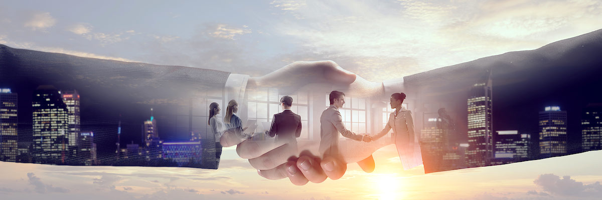 Closeup of business handshake against city background Schlagwort(e): Businessman, Men, Handshake, Greeting, Success, Teamwork, Partnership, Togetherness, Business, Close-up, Business Person, People, Cityscape, Contract, 3d render, multiexposure