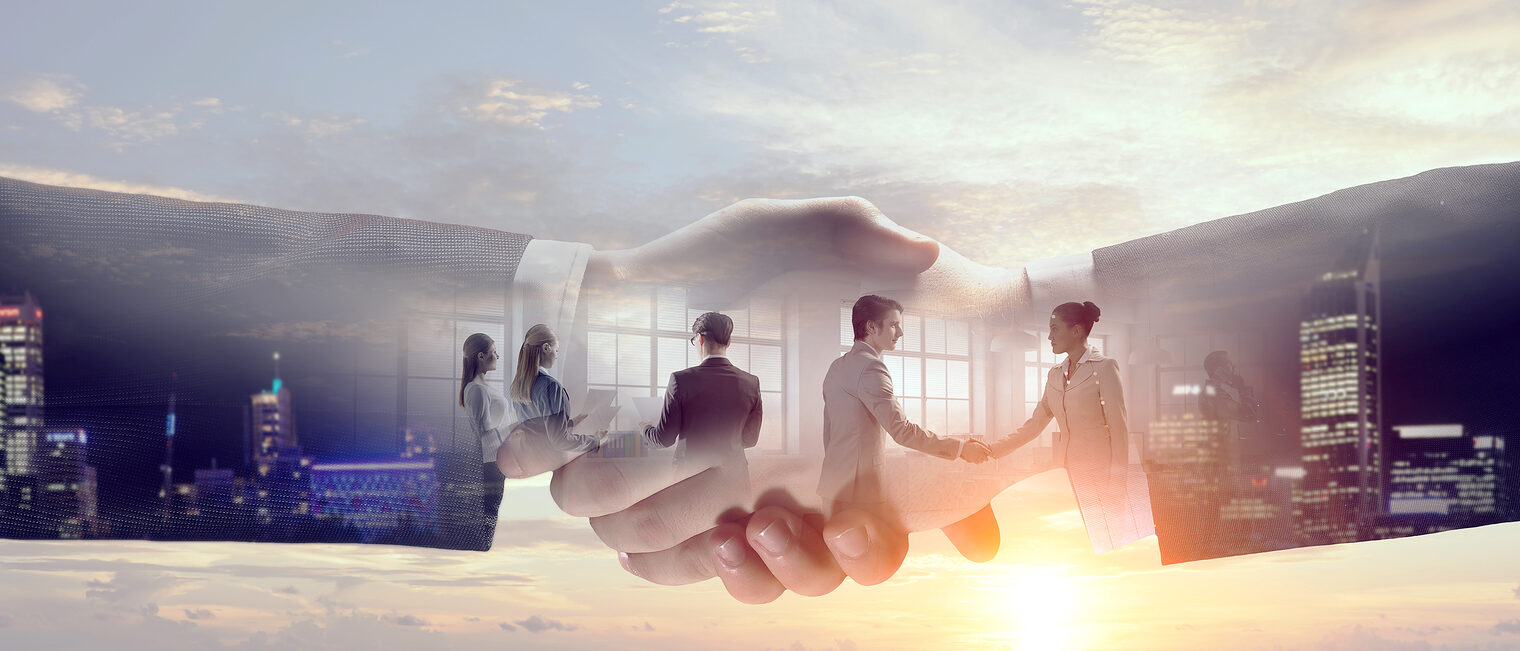 Closeup of business handshake against city background Schlagwort(e): Businessman, Men, Handshake, Greeting, Success, Teamwork, Partnership, Togetherness, Business, Close-up, Business Person, People, Cityscape, Contract, 3d render, multiexposure